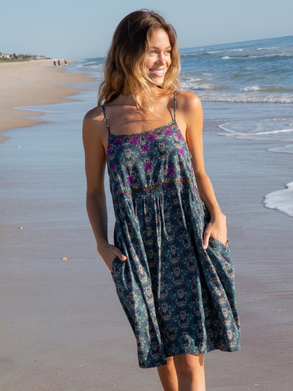 NATURAL LIFE Sara Embroidered Floral Mini Dress Dark Teal Medallion‎ Size XS